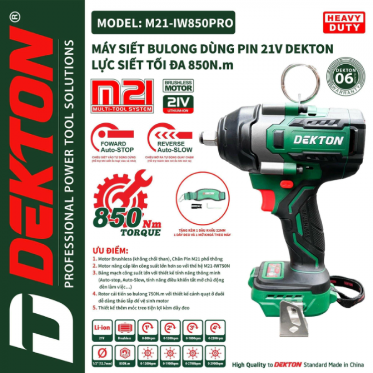 Máy siết bu lông dùng pin 21V Dekton M21-IW850PRO
