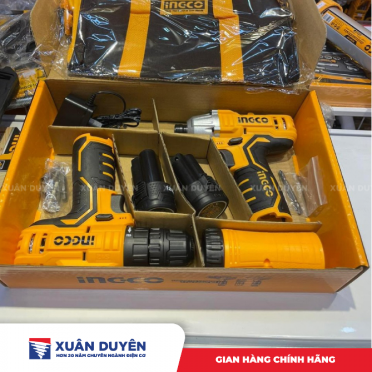 Bộ combo máy khoan 10mm và siết vít dùng pin Lithum 12V Ingco CKLI1201