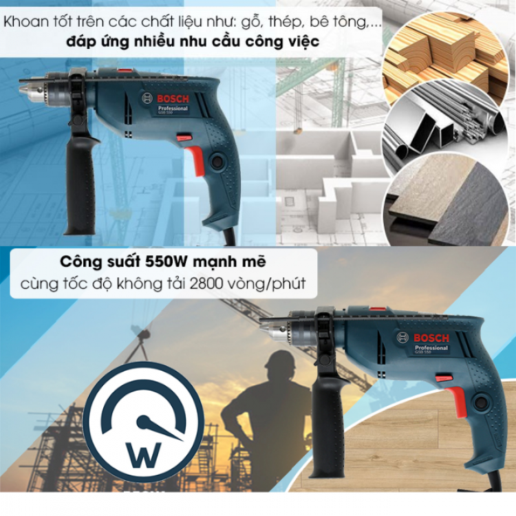 Bộ máy khoan 100 món Bosch GSB 550 (13MM, 550W) (Vali)